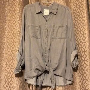 Gray tie front denim shirt